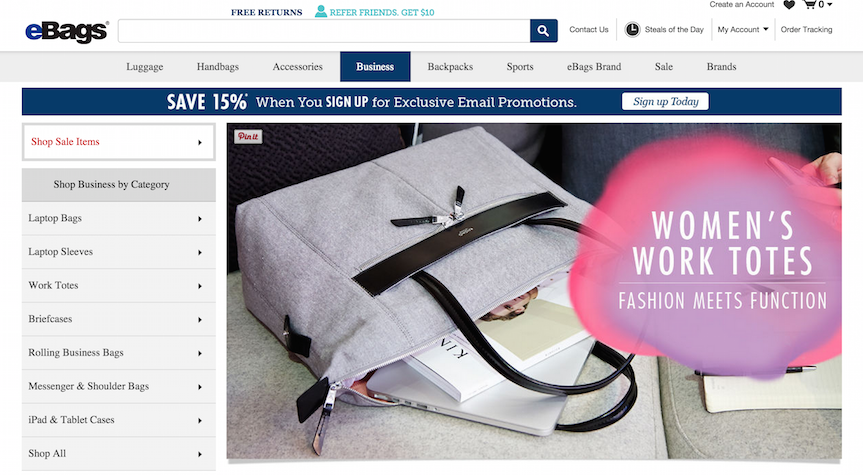 Ebags offering deals and banners on category page for better e-commerce conversion