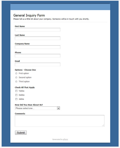 General inquiry form for ecommerce shoppers