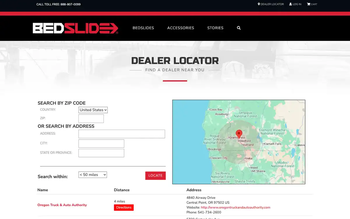 BEDSLIDE dealer locator with ZIP code search, a map and a list of nearby dealers