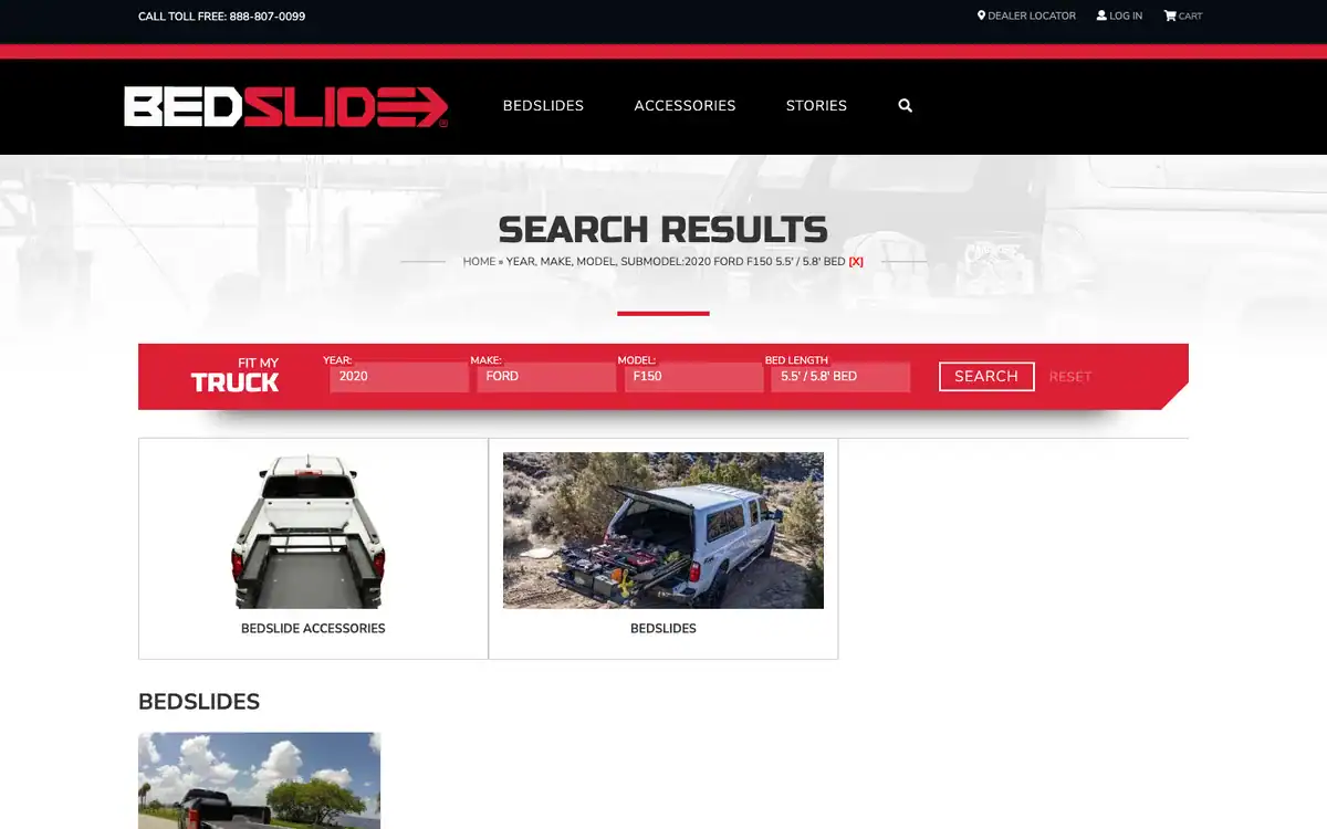 BEDSLIDE Fit My Truck search results for a 2020 Ford F-150 with a 5.5 or 5.8 foot bed