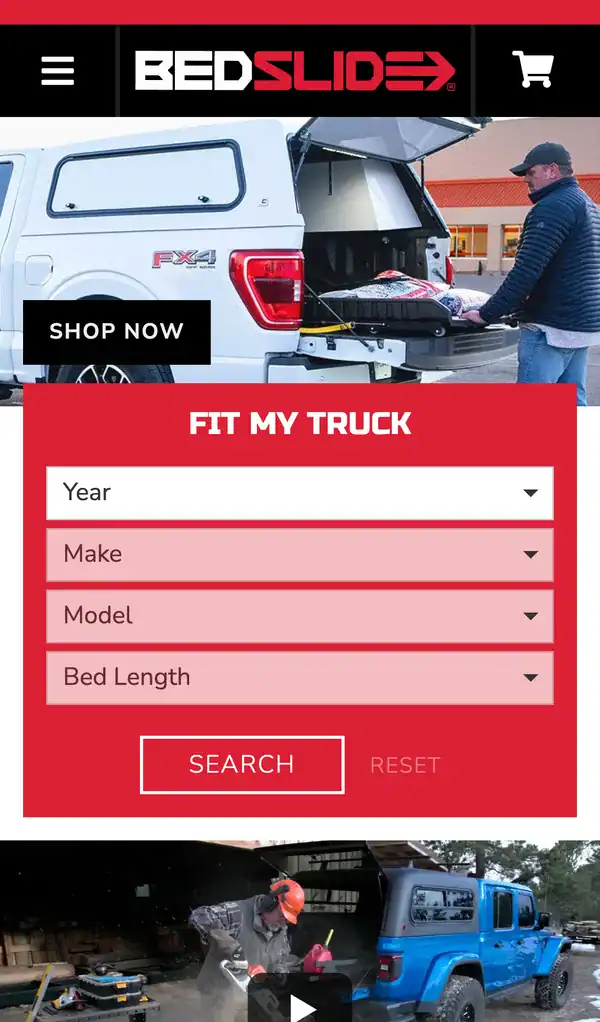 BEDSLIDE store on a phone with the Fit My Truck year, make, model and bed length selector