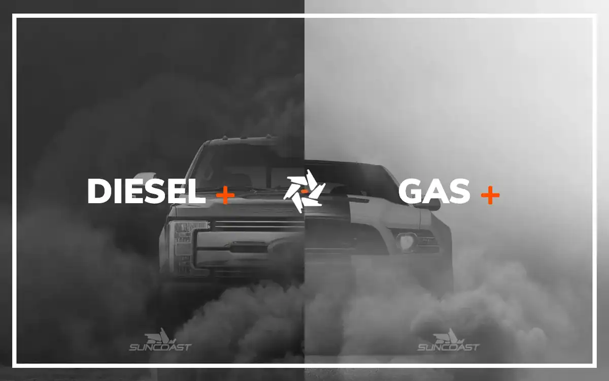 SunCoast Performance store entry page split into a Diesel side and a Gas side