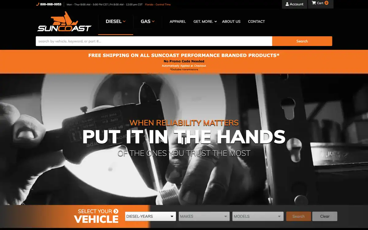 SunCoast Performance Diesel storefront with the diesel vehicle selector for year, make and model