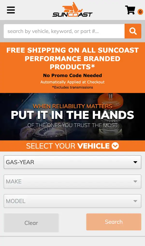 SunCoast Performance Gas storefront on a phone with the gas year, make and model selector