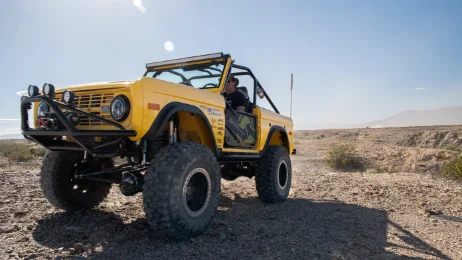 3/4 view of Dana Nevins Yellow 1970 Ford Bronco