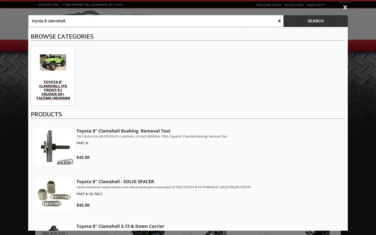 PartsLogic autocomplete on the East Coast Gear Supply desktop store showing a Toyota 8 inch clamshell category and matching products with photos and prices