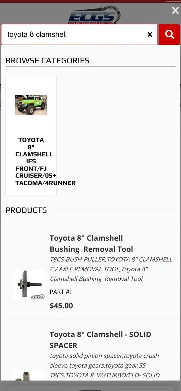 PartsLogic autocomplete on the East Coast Gear Supply store on a phone showing Toyota 8 inch clamshell parts with prices