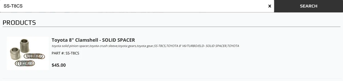 PartsLogic search on East Coast Gear Supply finding a Toyota 8 inch clamshell solid spacer from its part number SS-T8CS