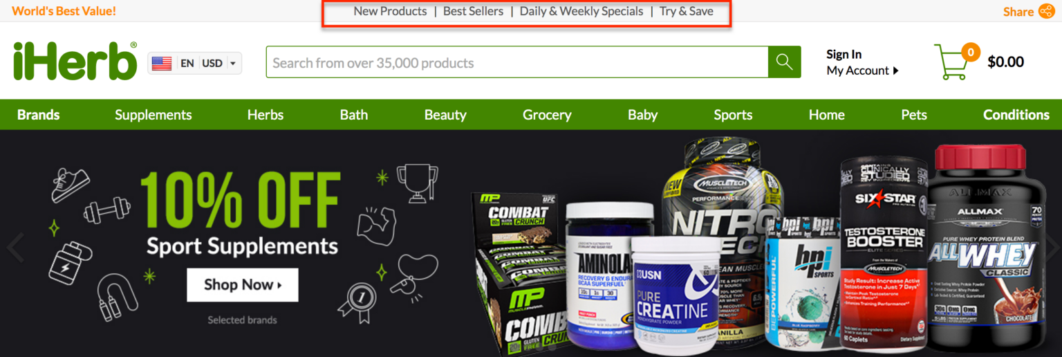 Screenshot of Herb.com's top navigation bar displaying permanent links for specials, best sellers, and new items