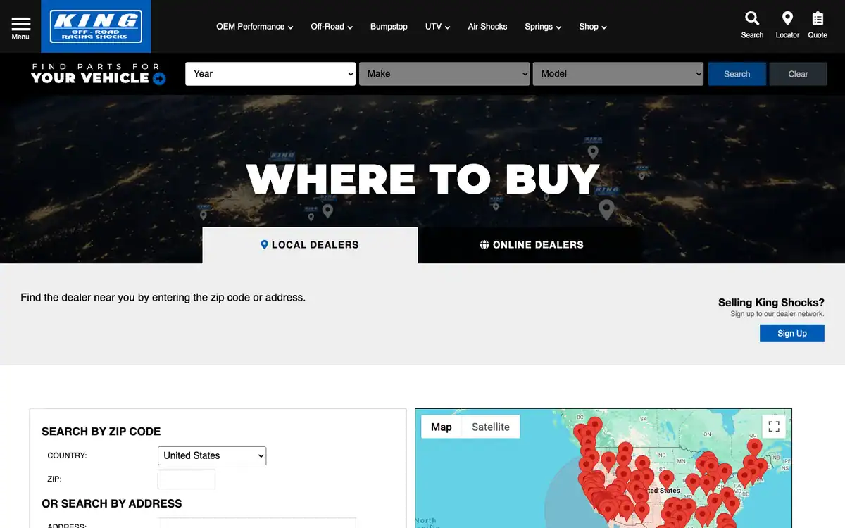 King Shocks Where To Buy page with local and online dealer tabs and a map of dealers across the United States