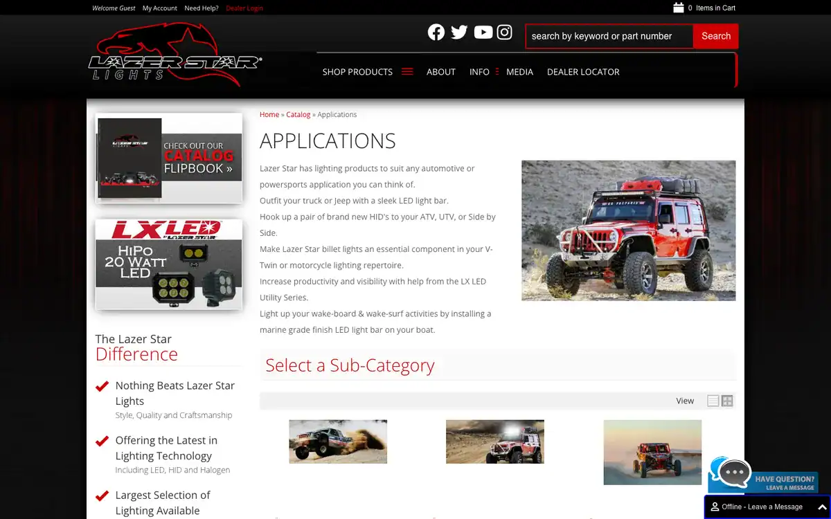 Lazer Star Lights Applications category page grouping lighting by vehicle type