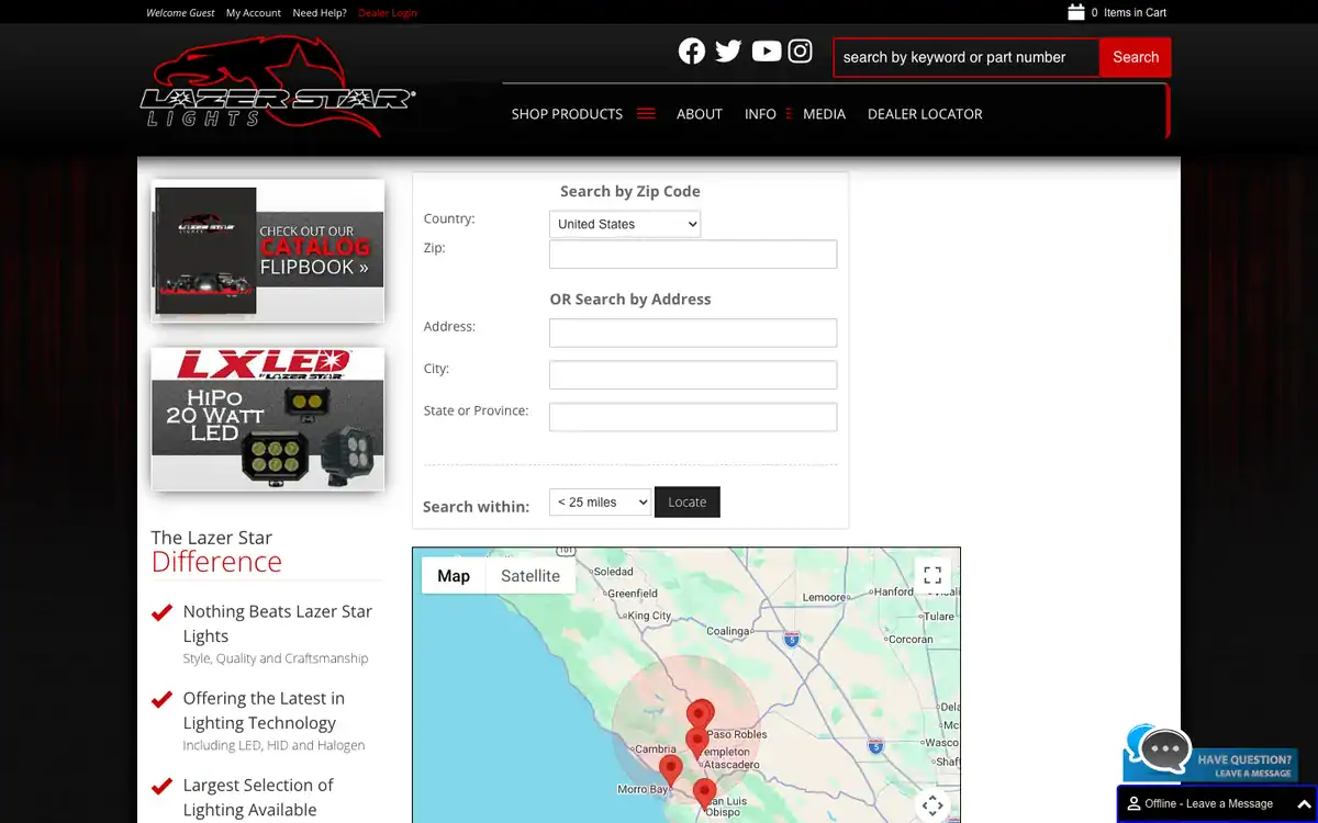Lazer Star Lights dealer locator with ZIP code search and a map of dealers on the California central coast