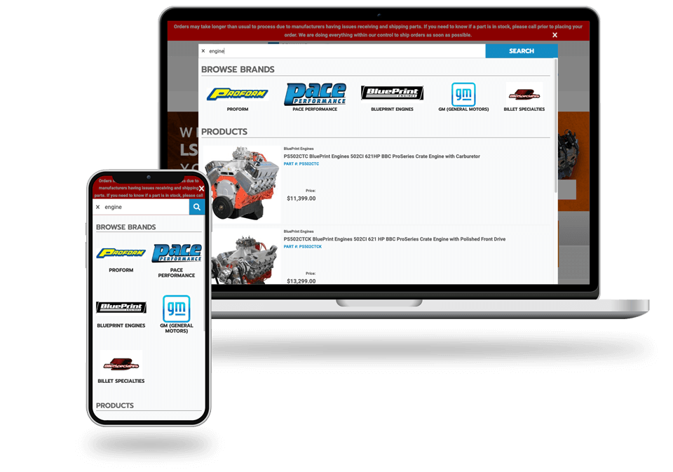 Pace Performance automotive parts site search powered by PartsLogic