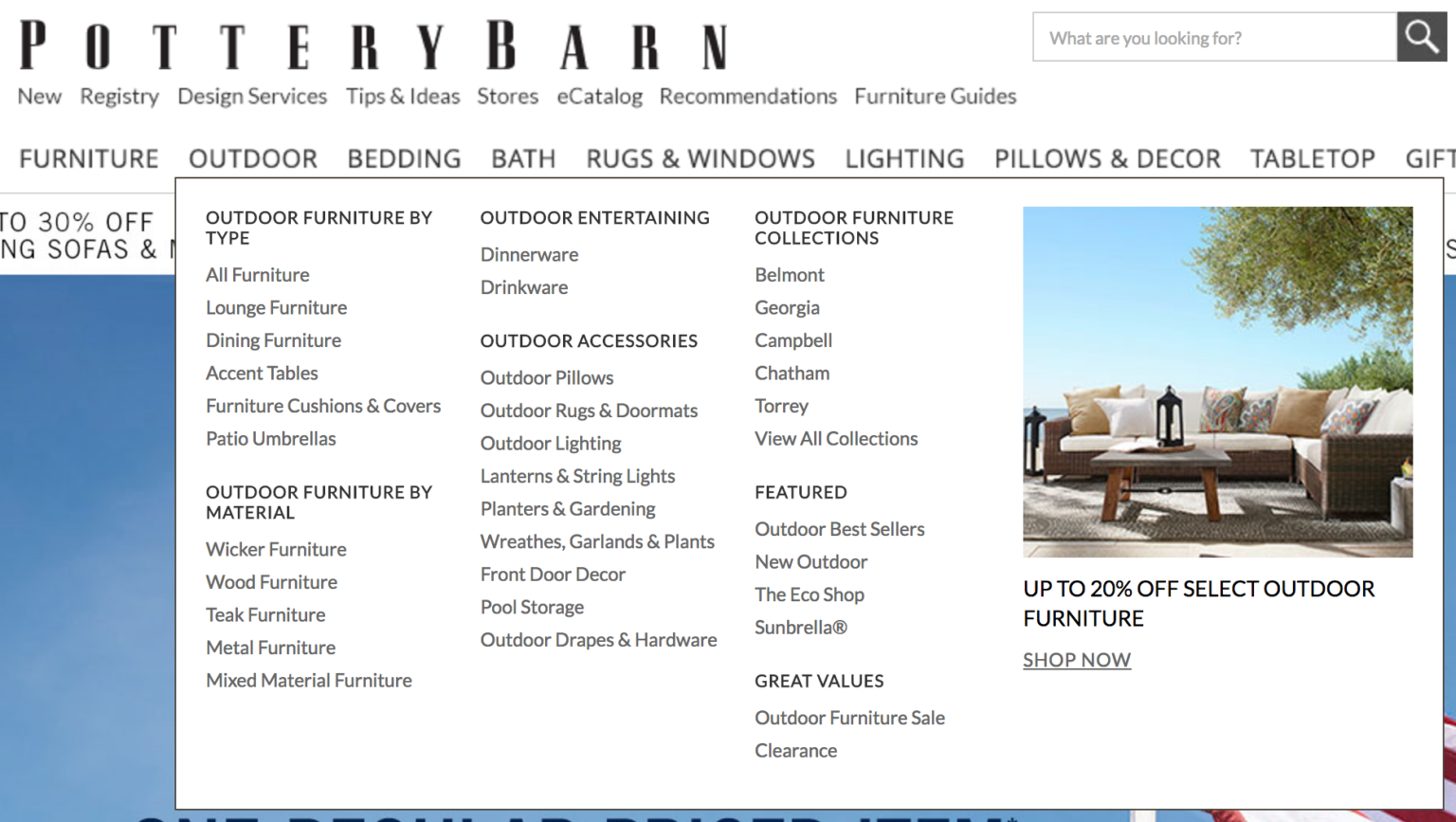 Screenshot of Pottery Barn's drop-down menu showcasing featured categories for large inventory management