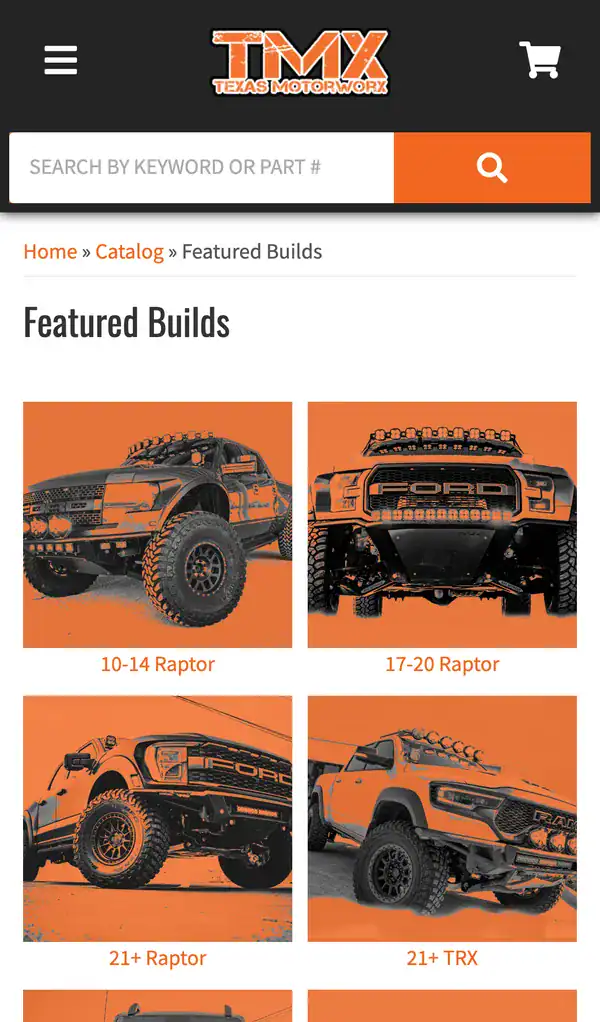 Texas Motorworx Featured Builds page on a phone