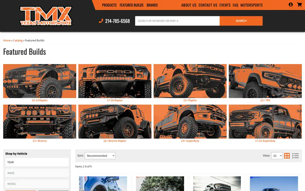 Texas Motorworx Featured Builds page with tiles for Raptor, TRX, Bronco, Bronco Raptor and Super Duty builds