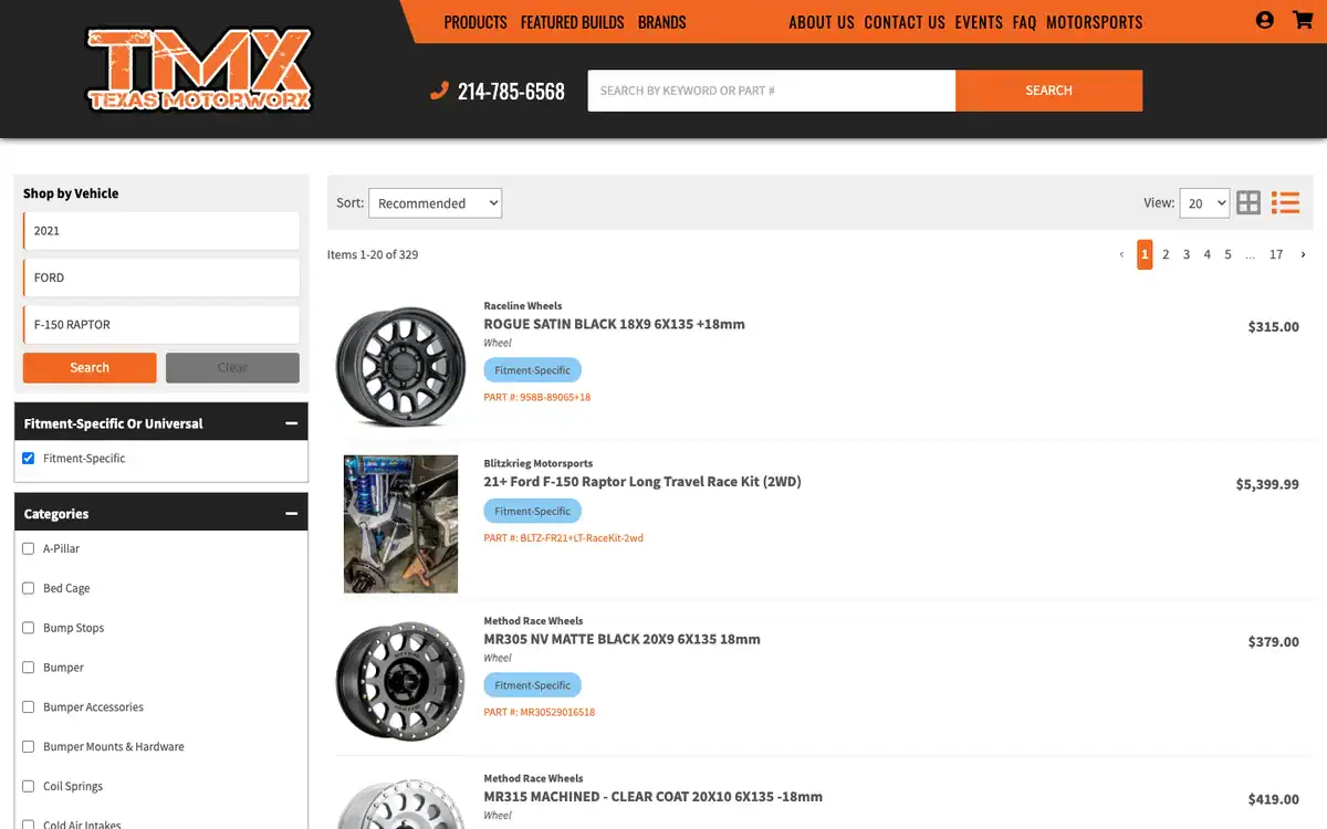 Texas Motorworx Shop by Vehicle results for a 2021 Ford F-150 Raptor filtered to 329 fitment-specific parts