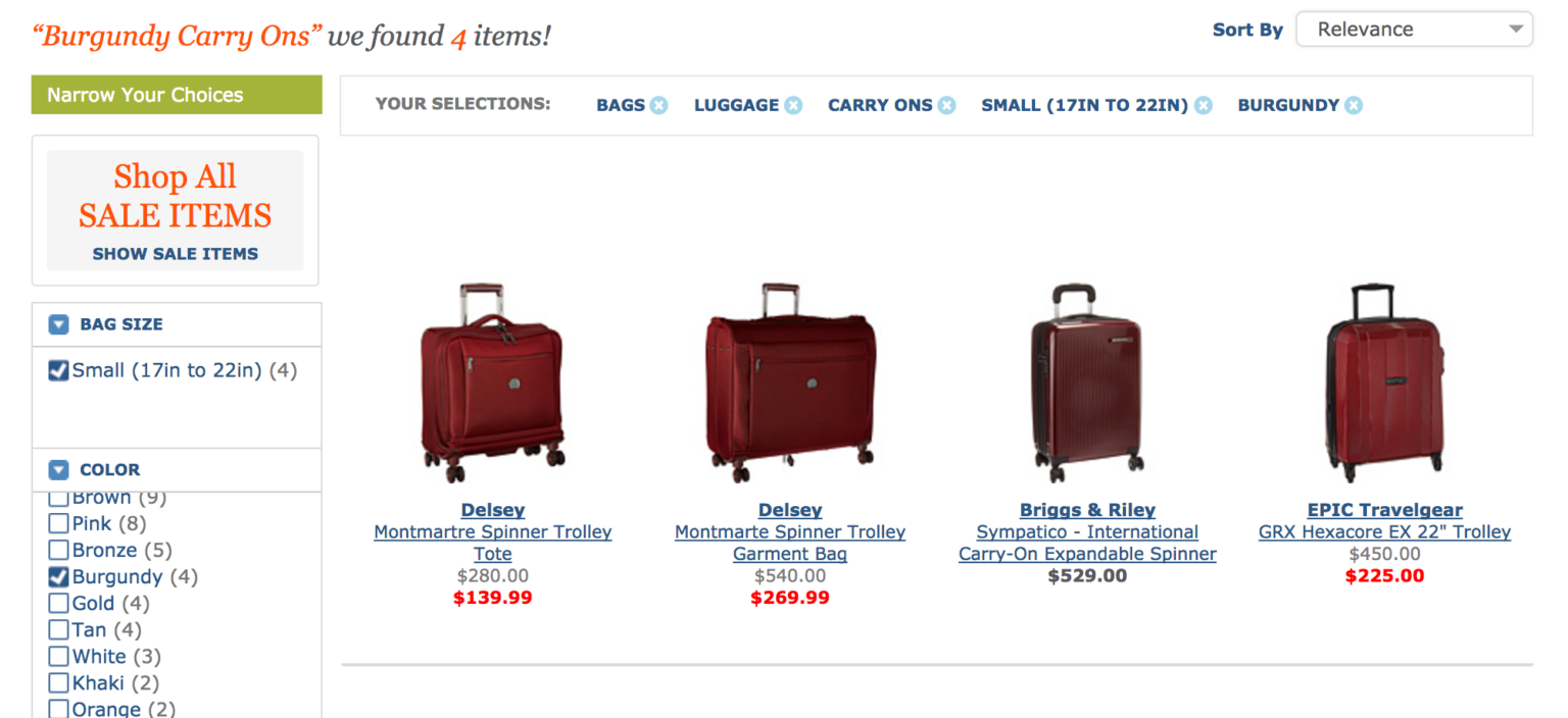 Screenshot of Zappos' filtered product category results for Carry On Luggage, narrowed down using size and color filters