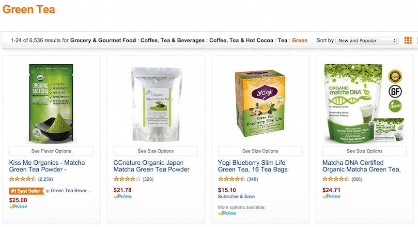 Amazon Green Tea category page showing product star ratings and reviews for social proof