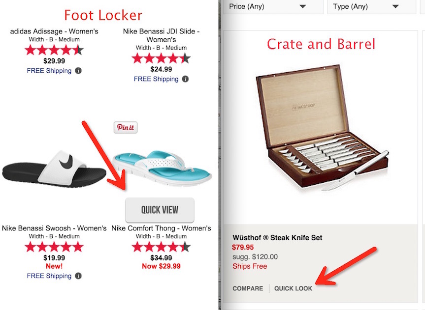 Foot Locker and Crate and Barrel category pages offering a Quick View option
