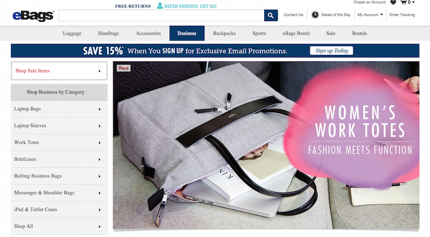 Ebags.com category page featuring a full-page ad for a specific deal or product bundle