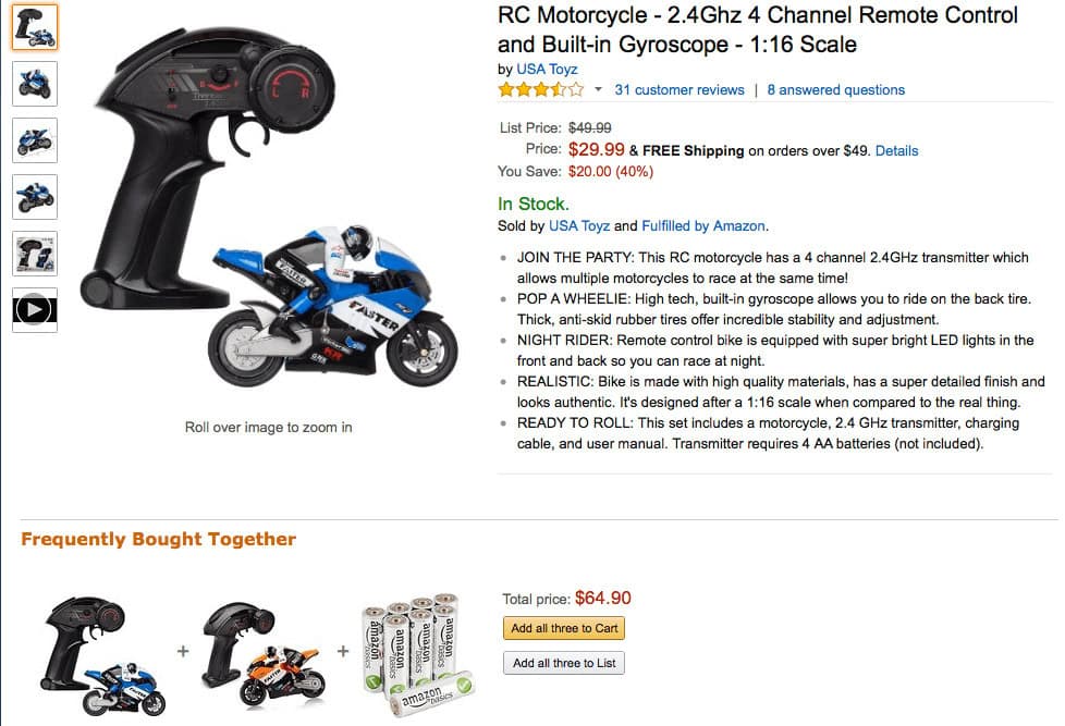 Amazon example of cross-merchandising batteries with a remote control toy product