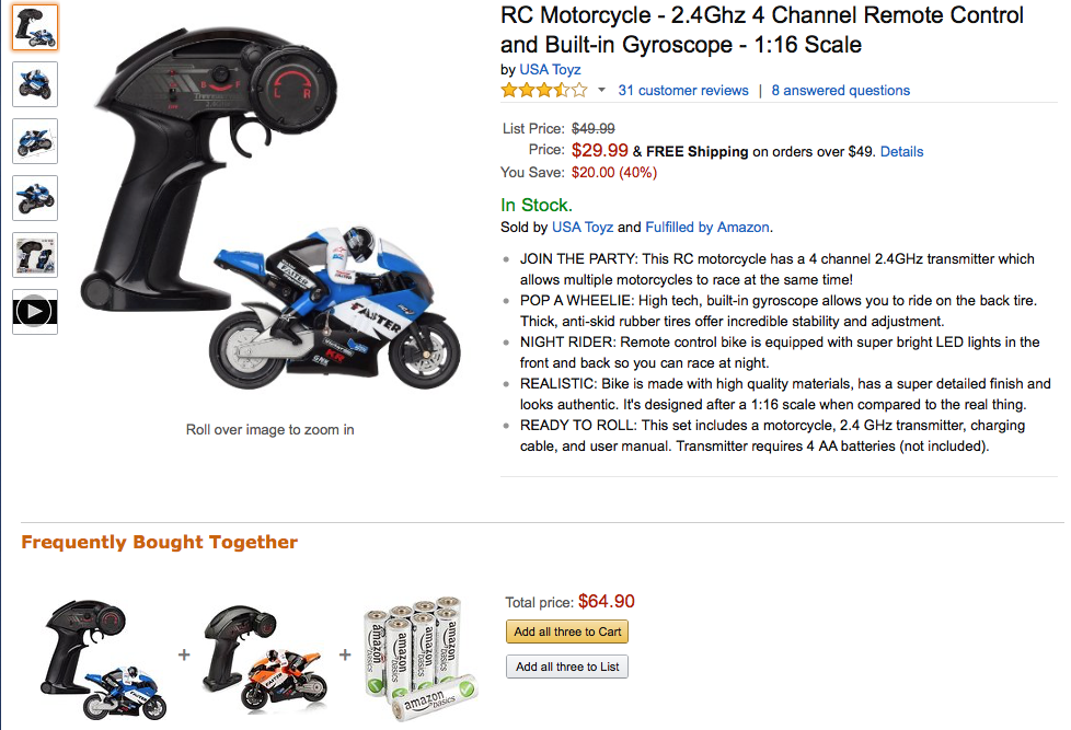 Amazon example of cross-merchandising batteries with a remote control toy product