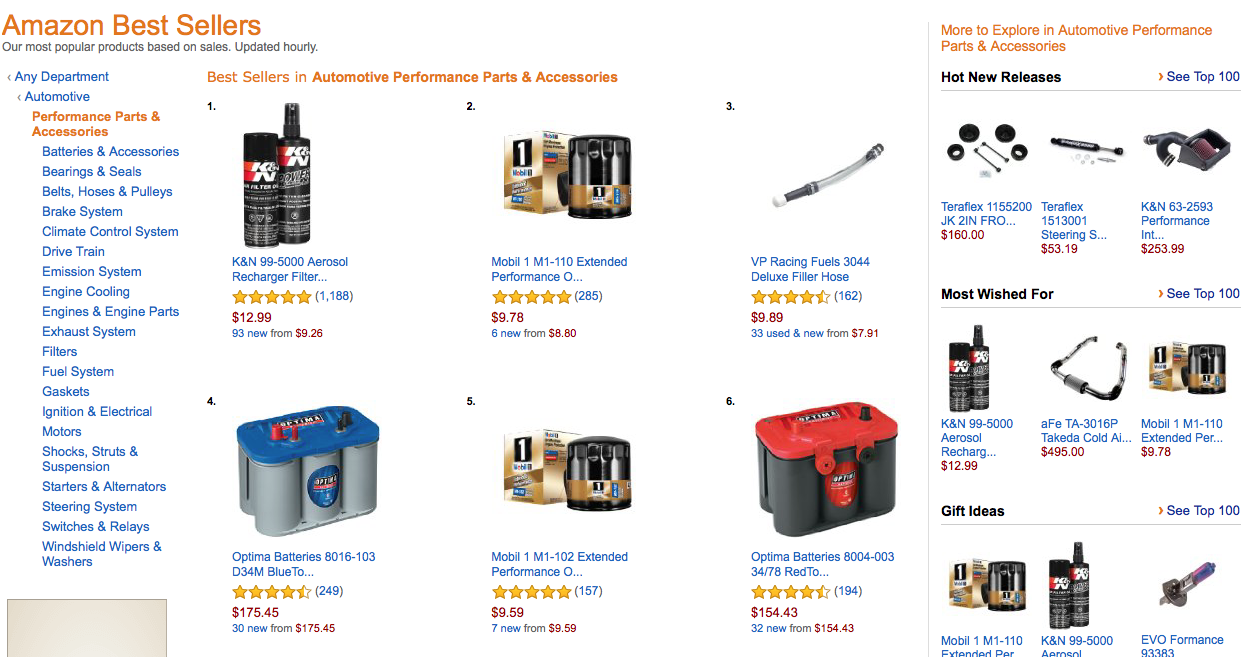 Amazon best seller page for automotive performance parts and accessories