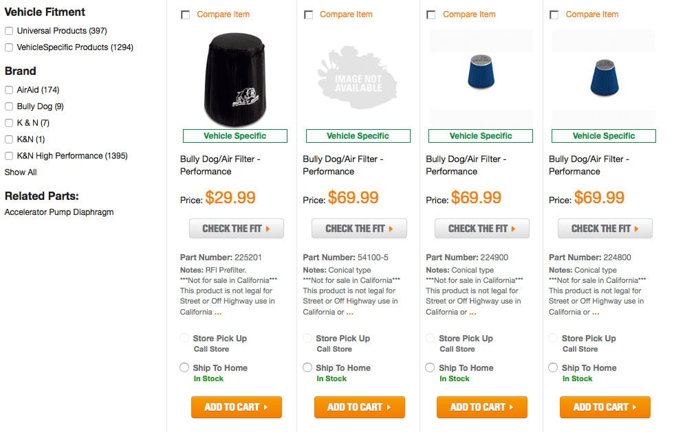 Example of Auto Zone's vehicle-specific air filter product page, showing where to enter year, make, model, and engine