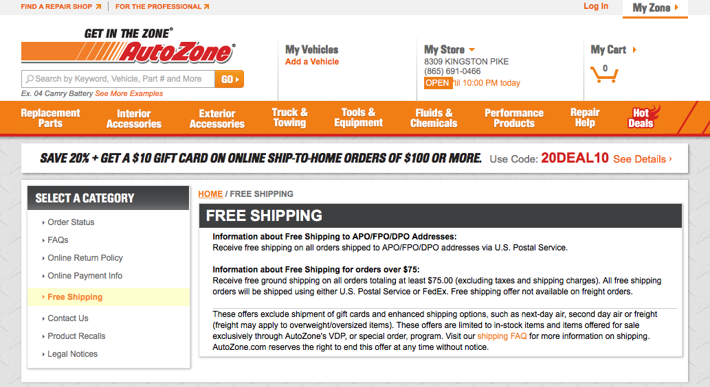 Auto Zone shipping information clearly explaining costs