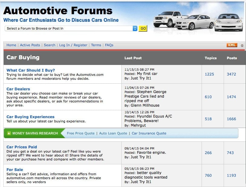 Automotive.com car forum showing discussions on topics like repair and accessories