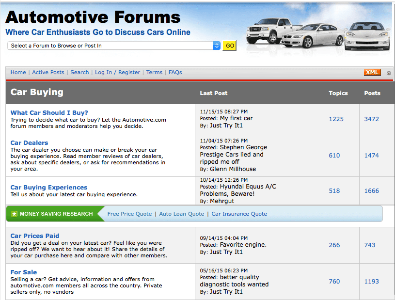 Automotive.com car forum showing discussions on topics like repair and accessories