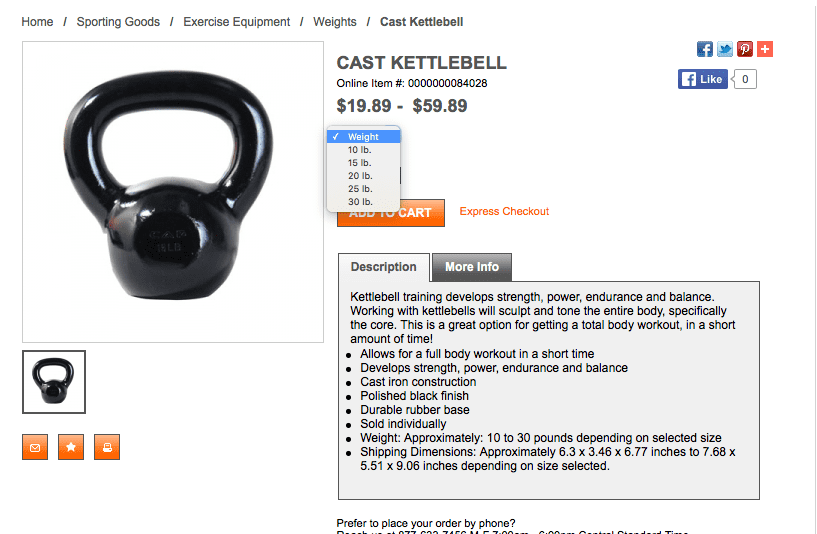 Mill’s Fleet Farm barbell product page screenshot showing higher price and fewer weight options