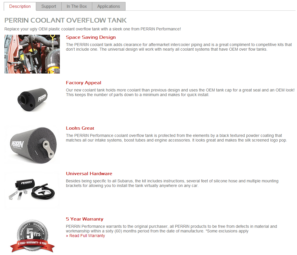 Example of effective product description highlighting benefits for an FR-S BRZ coolant overflow tank
