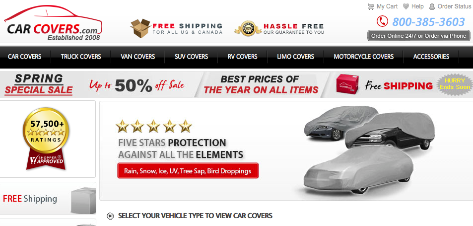 Car Covers website showing different car cover options for various vehicles