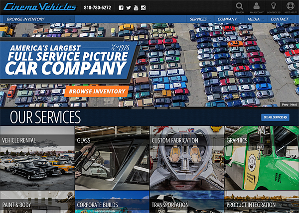 Screenshot of Cinema Vehicles website, awarded Best eCommerce Database Website 2016