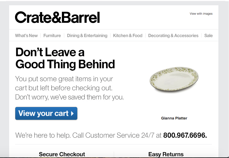 Crate and Barrel abandoned cart reminder email example