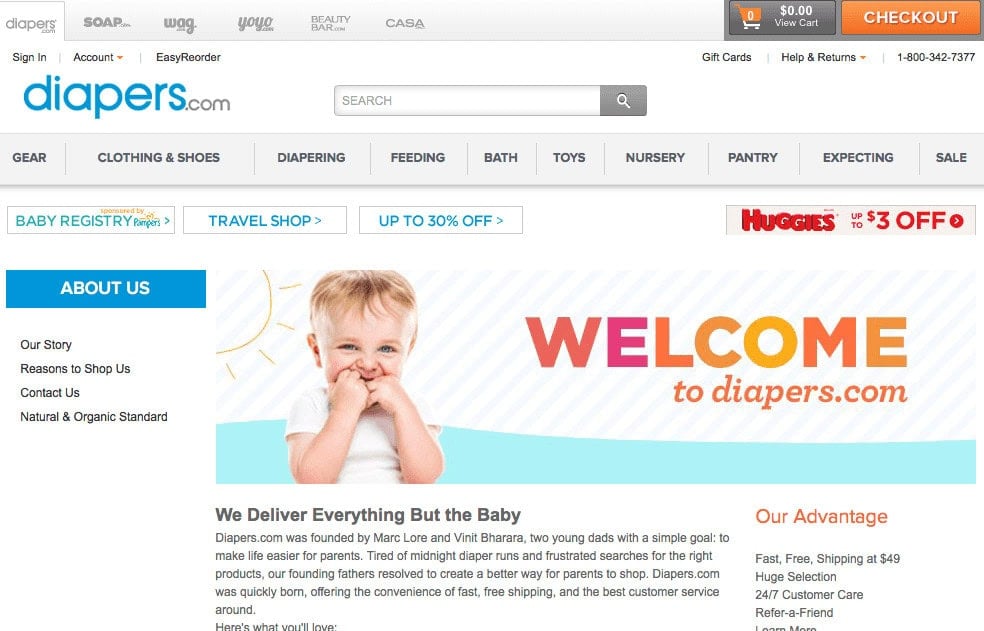 Example of an ecommerce site focused on delivering baby supplies like diapers