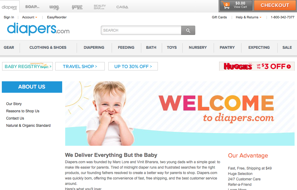 Example of an ecommerce site focused on delivering baby supplies like diapers