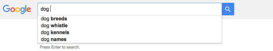 Google search auto-fill results for the keyword 
