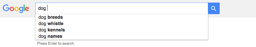Google search auto-fill results for the keyword 