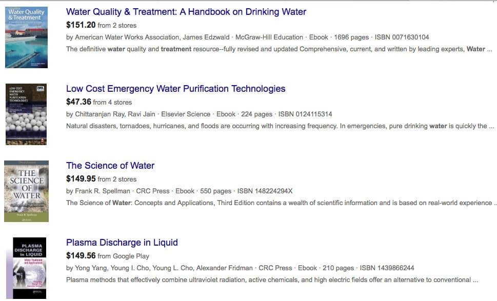 Google search results for water purification books to learn more about the industry