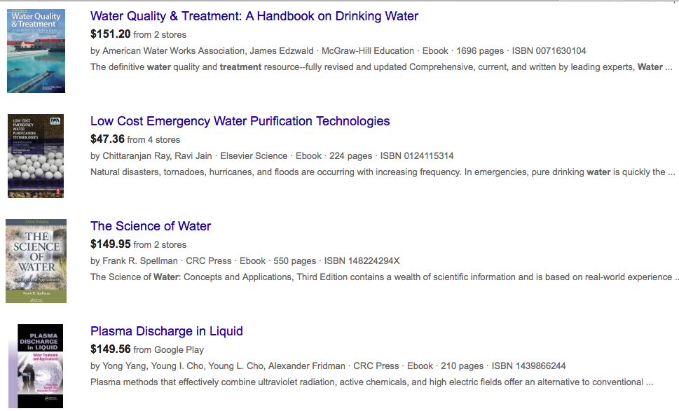 Google search results for water purification books to learn more about the industry