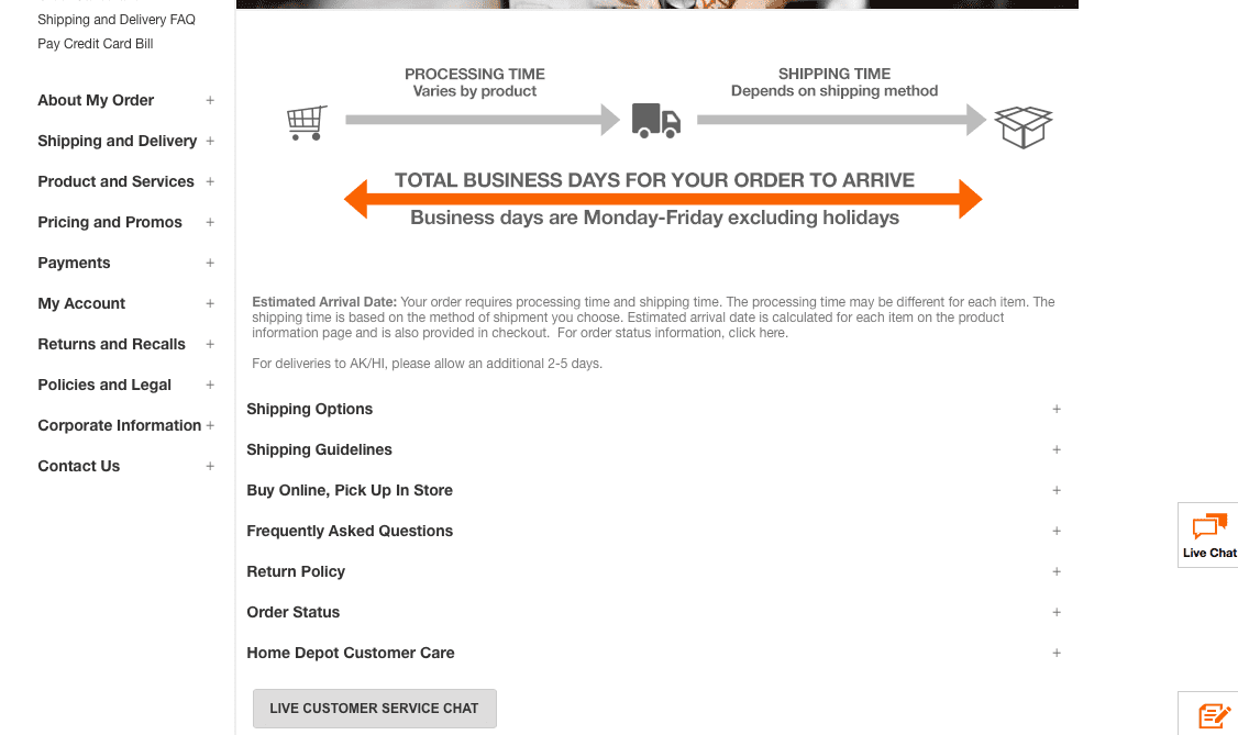 Home Depot website screenshot showing transparent shipping policy information and live chat options