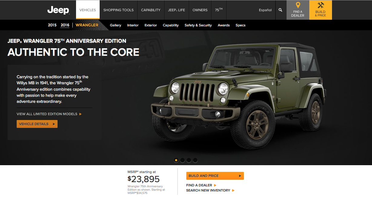Jeep website demonstrating clean and simple navigation with persistent top bar
