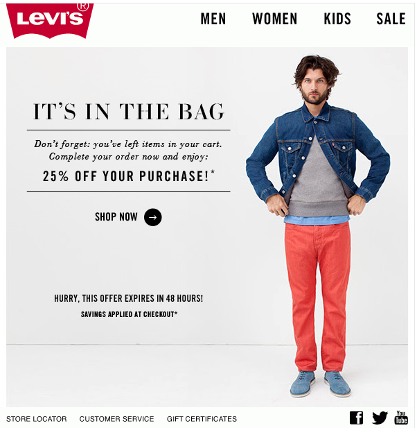 Levis abandoned cart email example showing a time-limited discount to encourage purchase