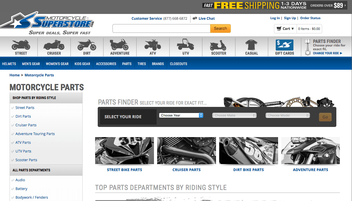 Motorcycle Superstore website with filtering system to match parts to specific motorcycle models