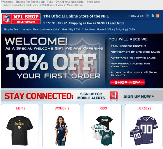 NFL store welcome email example for e-commerce brands