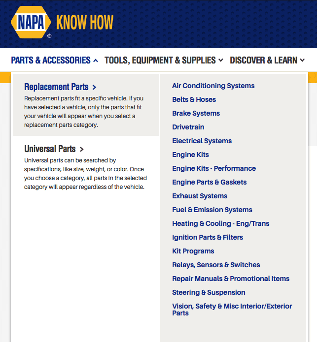 Napa Auto Parts website showing product grouping for easy navigation