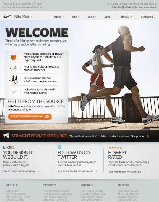 Nike welcome email example for new subscribers